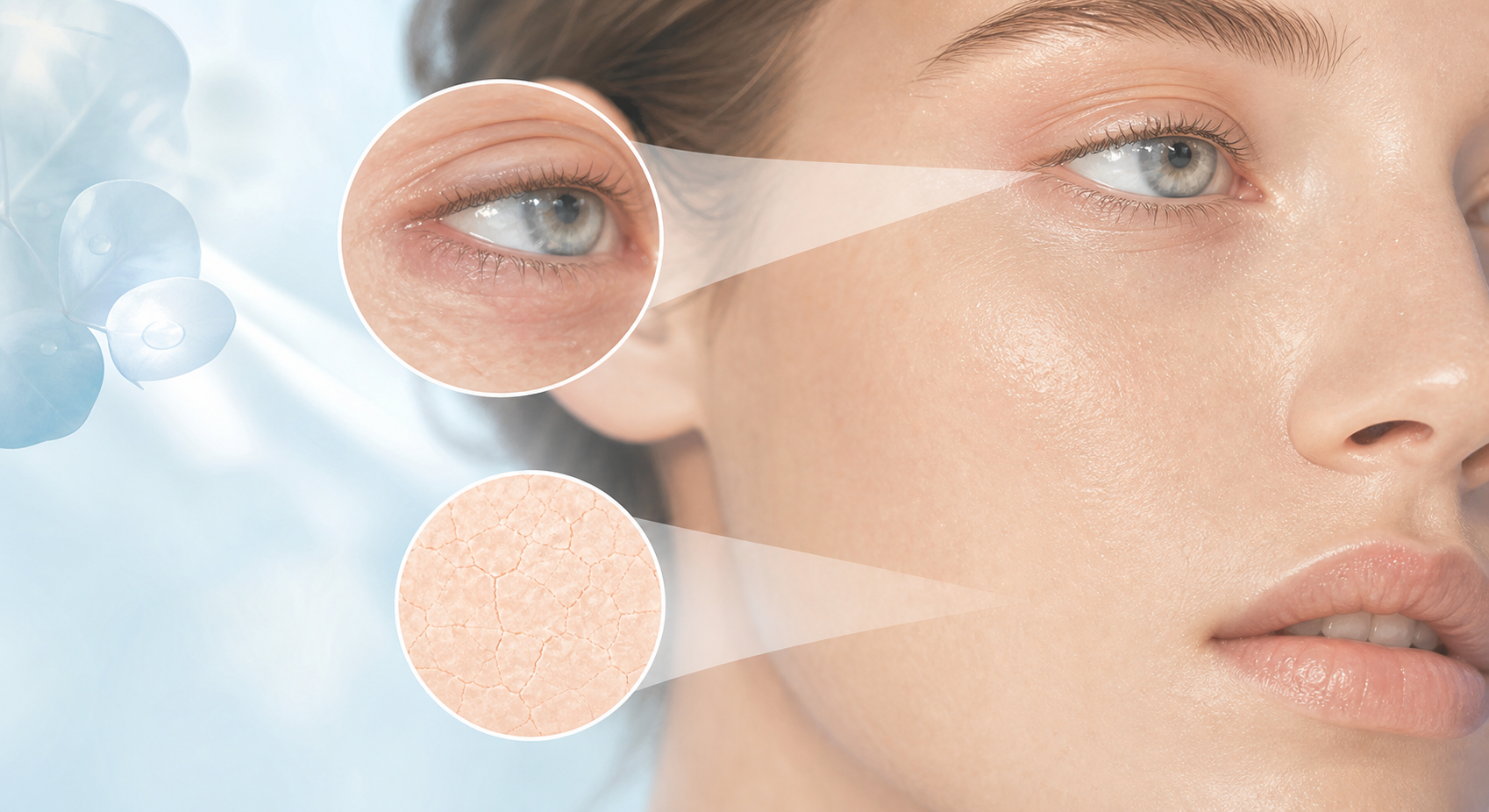 A soft pastel medical illustration showing a close-up of a person's face with gentle light highlighting the eye area and lips, symbolizing mild dryness and vision sensitivity, calm clinical mood, light blue and white color palette, clean minimalist style, no text, no labels, no words