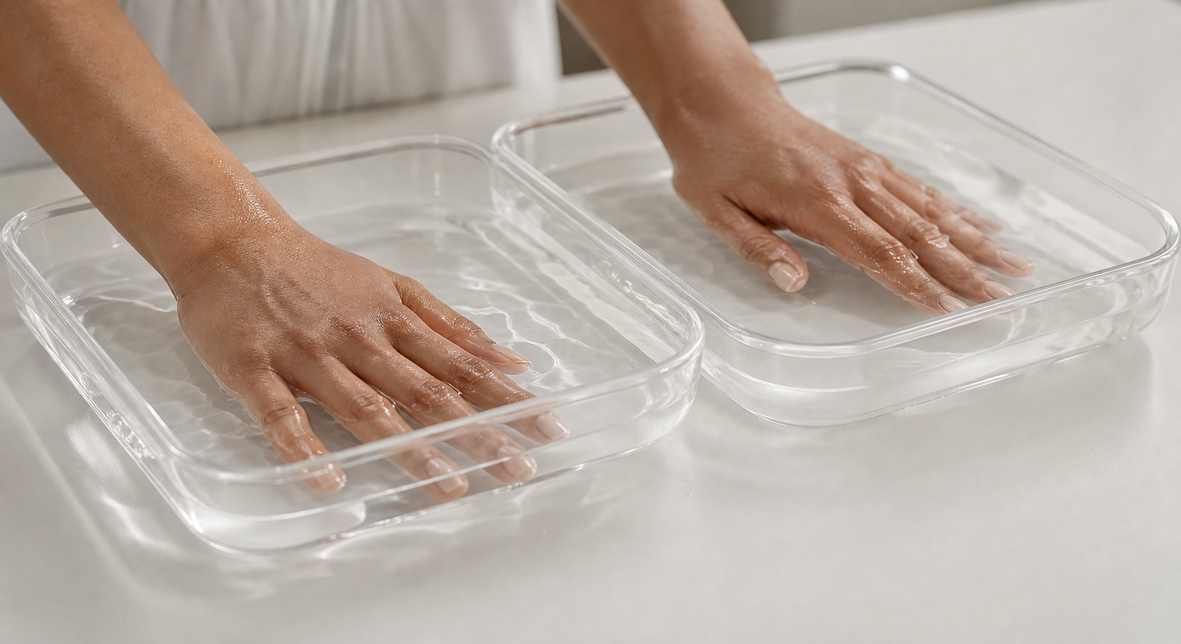 A pair of hands resting in shallow clear water trays on a clean white tabletop, soft clinical lighting, calm and serene atmosphere, medical wellness setting, close-up perspective showing both hands submerged side by side in separate shallow dishes