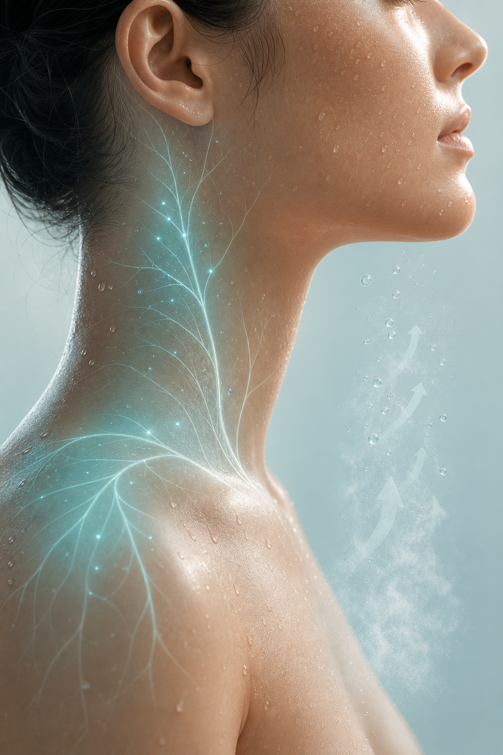 A serene, close-up illustration of a person's profile with subtle visual metaphors showing the body's cooling and nervous system — soft glowing neural pathways along the neck and shoulder fading gently, with small droplets of sweat evaporating, depicted in a calm medical aesthetic with muted teal, white, and soft blue tones, no text or labels, clean and minimal style