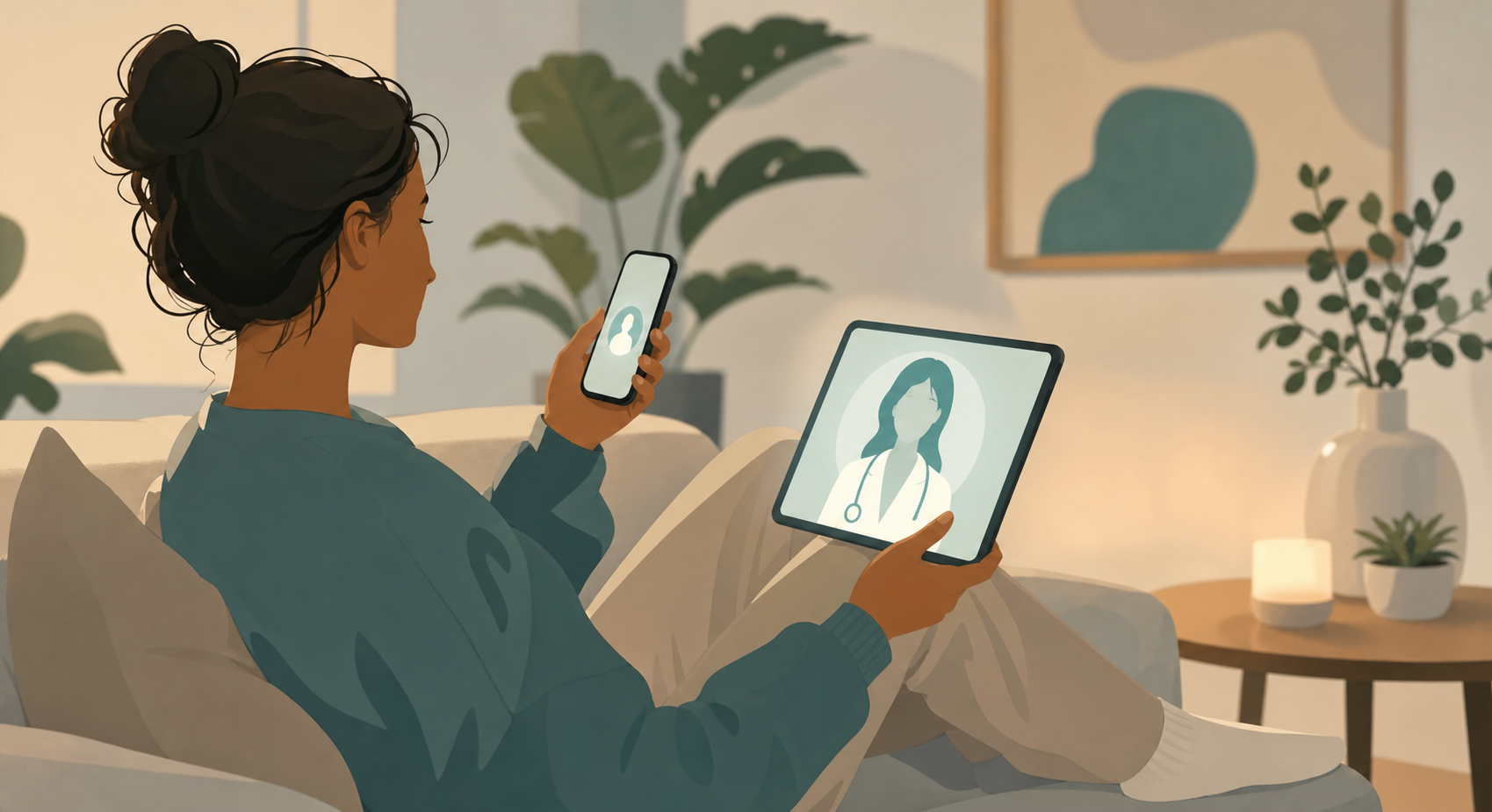 A warm, softly lit illustration of a person sitting comfortably at home on a couch, using a smartphone and tablet to complete a telehealth medical intake. Calm, reassuring atmosphere with muted teal and soft neutral tones. A subtle sense of a virtual doctor consultation, with a healthcare provider icon on the screen glow. Clean, modern flat-illustration style, no text, no words, no letters, no numbers.