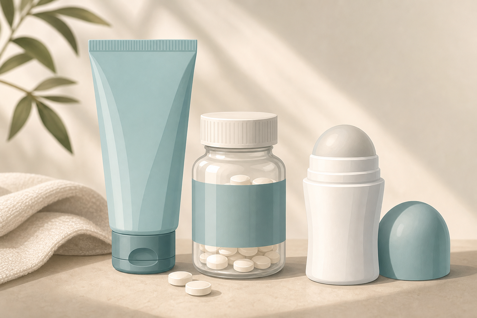 A warm, softly lit flat-illustration showing a range of hyperhidrosis treatment options arranged as a calm, clean composition: a tube of topical gel, a small bottle of oral medication pills, and a roll-on antiperspirant, resting on a neutral surface. Muted teal and soft neutral tones, reassuring and modern medical aesthetic. Clean flat-illustration style, no text, no words, no letters, no numbers.