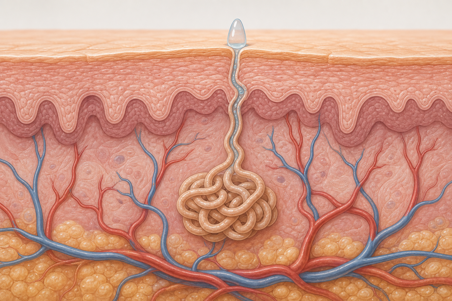 A clean, medical cross-section illustration of human skin showing an eccrine sweat gland. Depict the deep coiled secretory tube in the dermis, the narrow duct rising up through the skin layers, and a droplet of sweat emerging at the skin surface. Include surrounding blood vessels and skin layers in soft, educational tones of pink, tan, and blue. Anatomical diagram style, detailed but approachable, no labels.