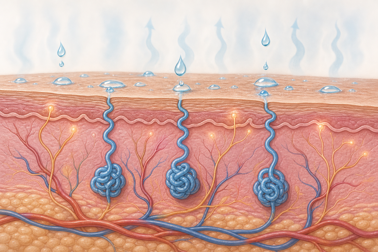 A clean, educational medical illustration showing the body's cooling process through sweating. Depict a cross-section of human skin with eccrine sweat glands releasing droplets of sweat onto the skin surface, with soft visual cues of heat rising and evaporating away from the skin as wavy warmth lines. Include small nerve endings signaling the glands. Use soft, approachable educational tones of pink, tan, and blue. Anatomical diagram style, detailed but approachable, no labels, no text, no words, no letters.
