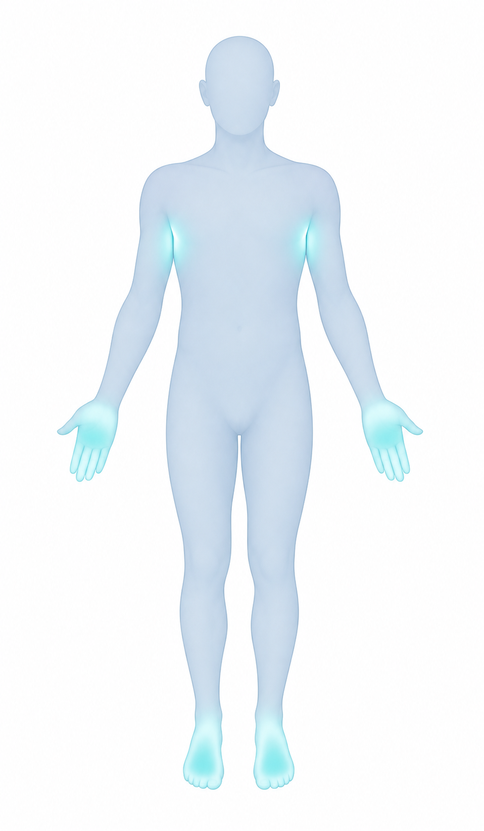 A clean, minimalist medical illustration showing a human silhouette from the front with subtle highlighted zones on both palms, both soles of the feet, and both underarms, indicating symmetric focal sweating areas. Soft, calming color palette of blues and teals, flat vector style, no text, no labels, gentle glowing accents on the affected areas, professional healthcare aesthetic, white background.