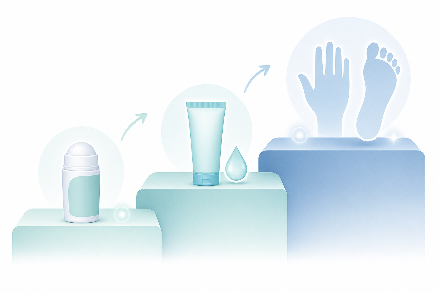 A clean, minimalist medical illustration representing a tiered treatment approach for localized sweating. Show a soft, calming arrangement of abstract healthcare icons: a roll-on antiperspirant, a small gel tube, a droplet, and a subtle hand and foot silhouette, arranged in a gentle ascending progression. Soft, calming color palette of blues and teals, flat vector style, no text, no words, no letters, no labels, gentle glowing accents, professional healthcare aesthetic, white background.