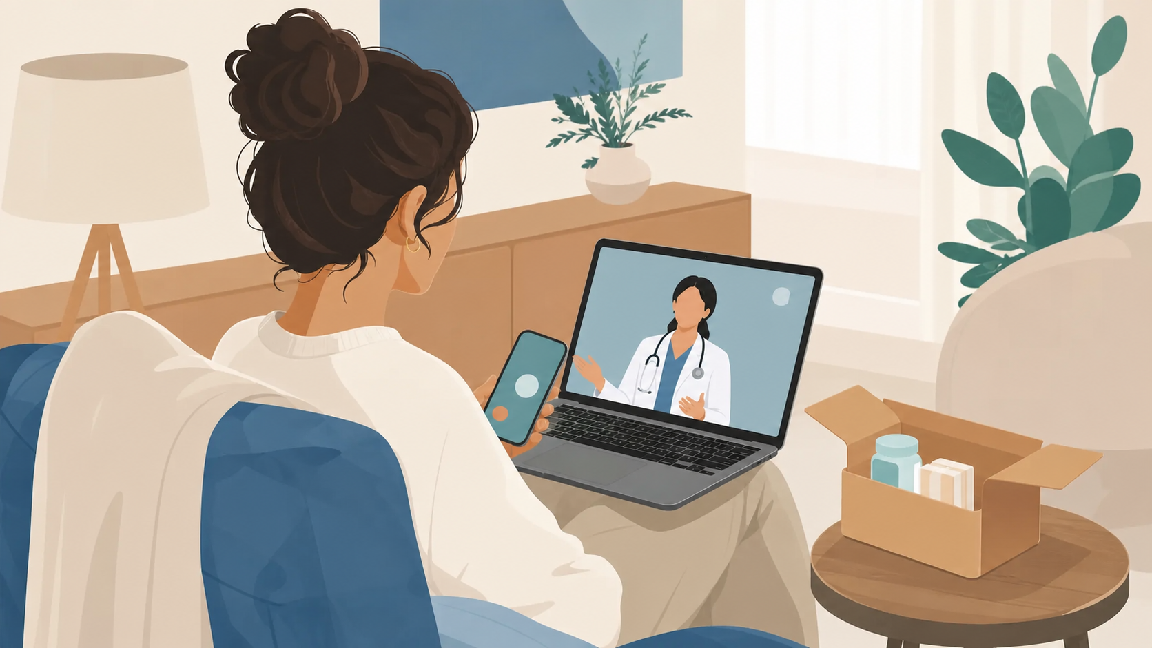 A clean, modern flat-style illustration showing a person at home using a laptop and smartphone to consult with a healthcare provider remotely. The scene depicts telehealth: a calm home setting with a person seated comfortably, a video-call-style medical provider appearing on the laptop screen, and a small package/medication box being delivered. Soft, warm color palette with blues and teals, minimalist and reassuring. No text, no words, no letters anywhere in the image.
