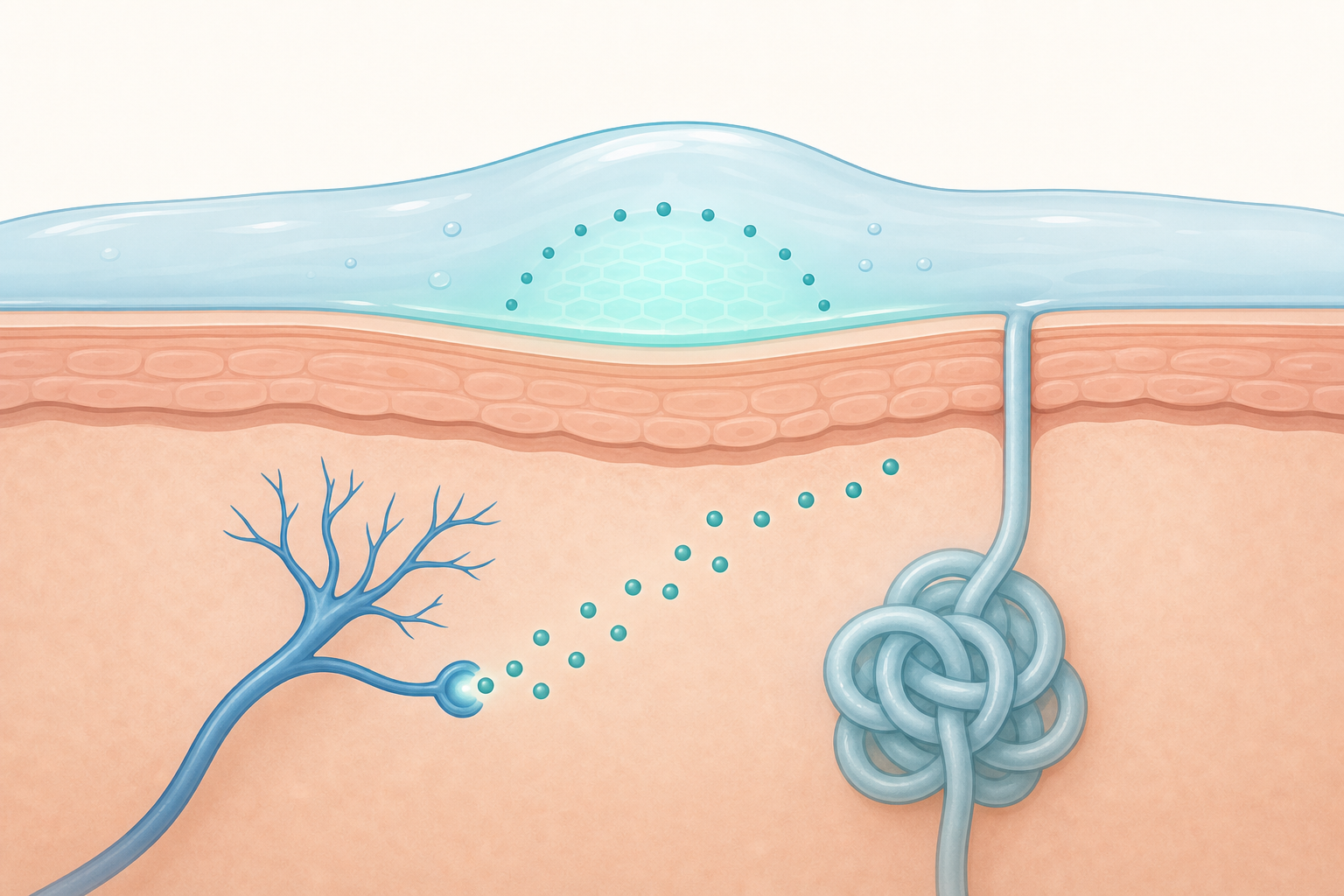 A clean, modern flat-style medical illustration showing how a topical gel affects a sweat gland at the skin level. Cross-section of skin with a coiled sweat gland, a nerve ending releasing chemical signal dots toward the gland, and a soft blocking effect at the skin surface reducing the signal. Calm, reassuring color palette with blues and teals, minimalist and educational style. No text, no words, no letters, no numbers anywhere in the image.
