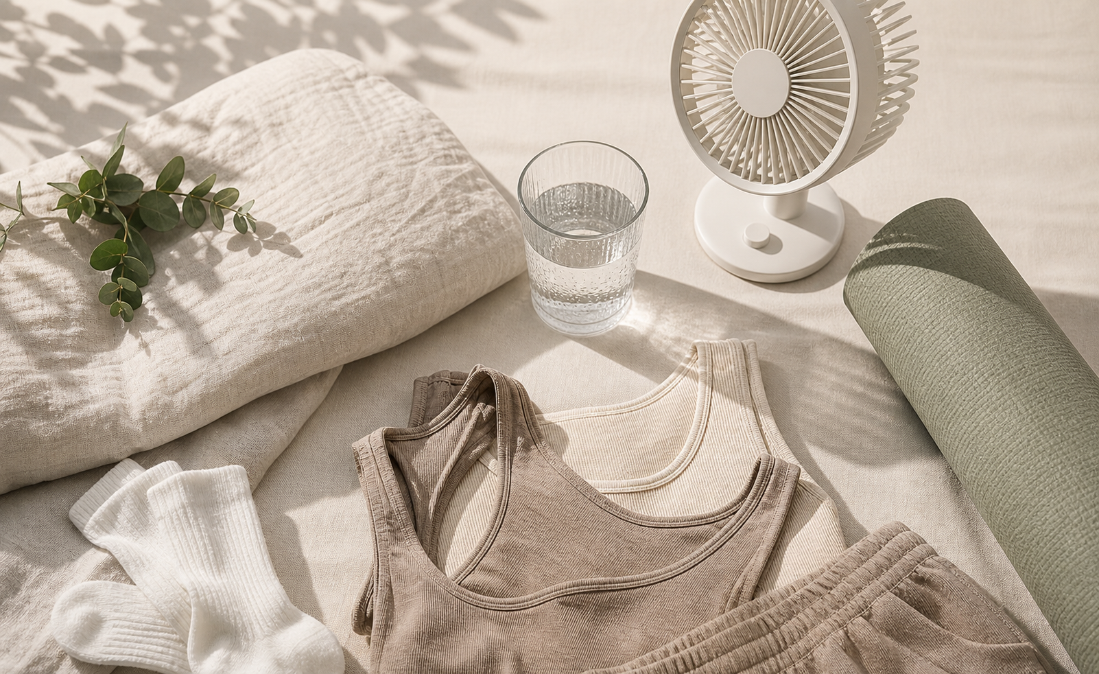 A warm, softly-lit editorial health-magazine style flat-lay of at-home strategies for managing menopausal sweating on a calm neutral background: folded breathable linen bedding, a small bedside fan, a glass of water, layered lightweight clothing, and a rolled yoga mat. Gentle pastel tones, no people, no text, clean minimal composition.