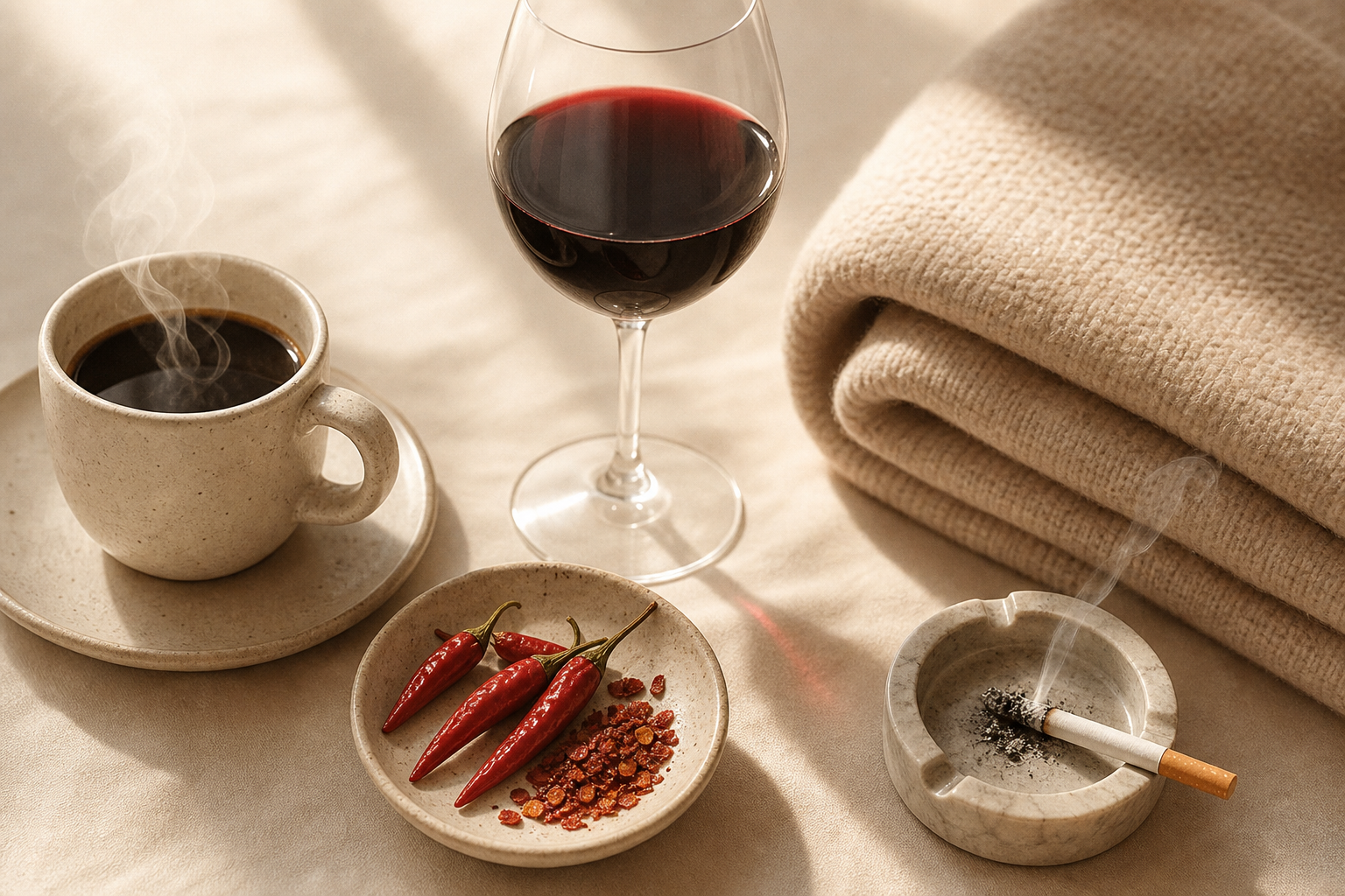 A warm, softly-lit flat-lay illustration of common lifestyle triggers for menopausal hot flashes arranged neatly on a calm neutral background: a steaming cup of coffee, a glass of red wine, a small dish of chili peppers and spicy food, a folded warm blanket, and a lit cigarette in an ashtray. Gentle, editorial health-magazine style with soft pastel tones, no people, clean composition.