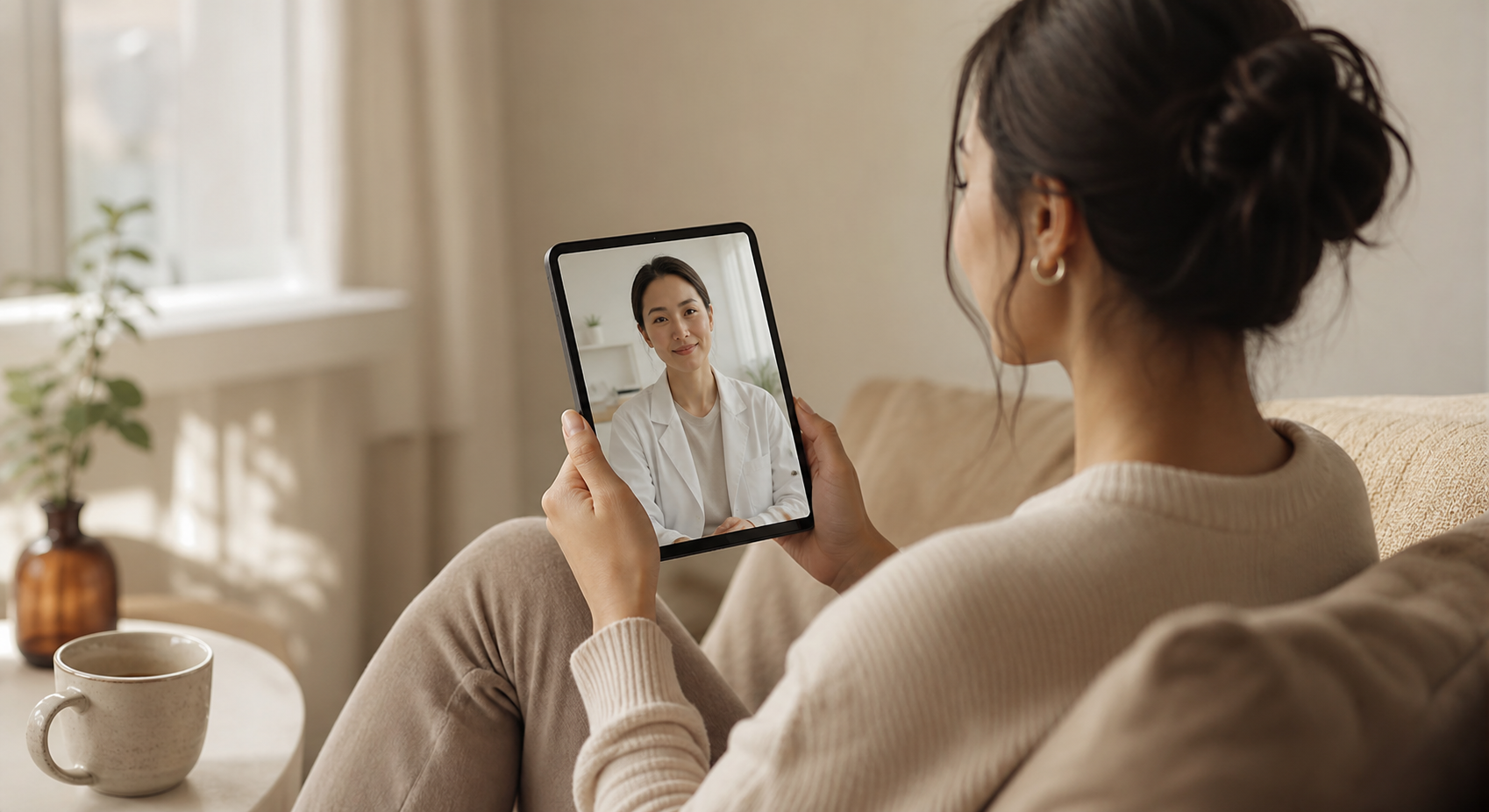 A calm, modern telehealth scene: a person sitting comfortably at home on a soft couch holding a smartphone or tablet during a virtual dermatology consultation, warm natural light through a window, a cup of tea nearby, cozy neutral tones and a wellness aesthetic. Shallow depth of field, gentle shadows, reassuring and approachable mood. No text, no words, no letters, no logos, no lettering of any kind.