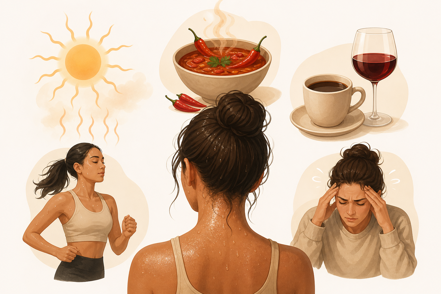 A clean, soft medical health-blog illustration showing common everyday triggers of excessive scalp and head sweating, arranged as gentle icon-like visuals: a warm sun with heat waves representing heat and humidity, a steaming bowl of spicy food, a coffee cup and a wine glass, a person mid-exercise with subtle sweat droplets, and a stressed figure with tense shoulders. Warm, approachable color palette, calm and reassuring editorial mood, gentle lighting, flat modern illustration style. No text, no words, no letters, no labels, no numbers.