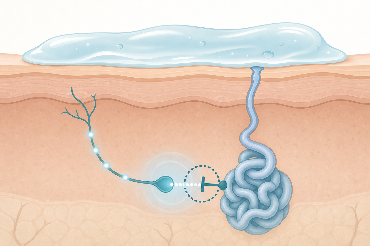 A clean, modern flat-illustration style medical diagram showing how topical gel affects a sweat gland at the skin level. Depict a cross-section of skin with a coiled sweat gland below the surface, a nerve signal traveling toward a receptor on the gland, and the signal being gently blocked or quieted at the receptor. Show a soft layer of gel applied on top of the skin surface. Soft, calming color palette of light blues, teals, and warm neutrals. Minimalist vector art, friendly and approachable, no text, no words, no letters, no numbers.