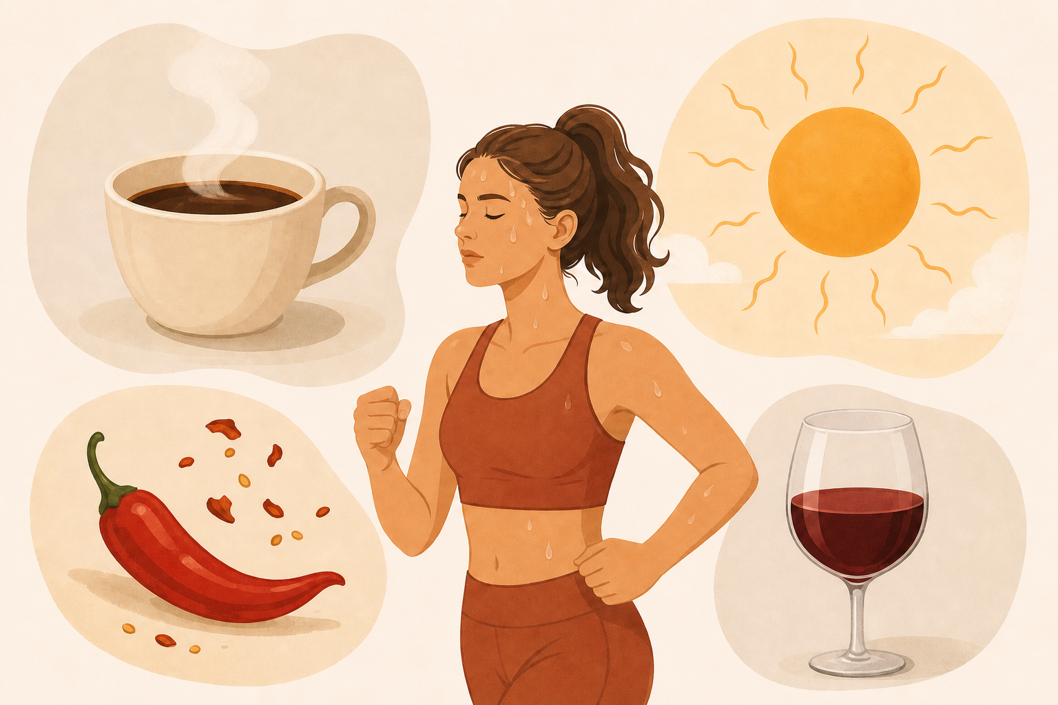 A warm, approachable flat-style illustration showing common everyday triggers for head and face sweating: a steaming hot cup of coffee, a bright sun with heat waves, a person in workout clothes exercising, a spicy chili pepper, and a glass of red wine, arranged together on a soft neutral background. Clean, friendly medical-lifestyle editorial style, muted calming color palette, no words or letters anywhere.
