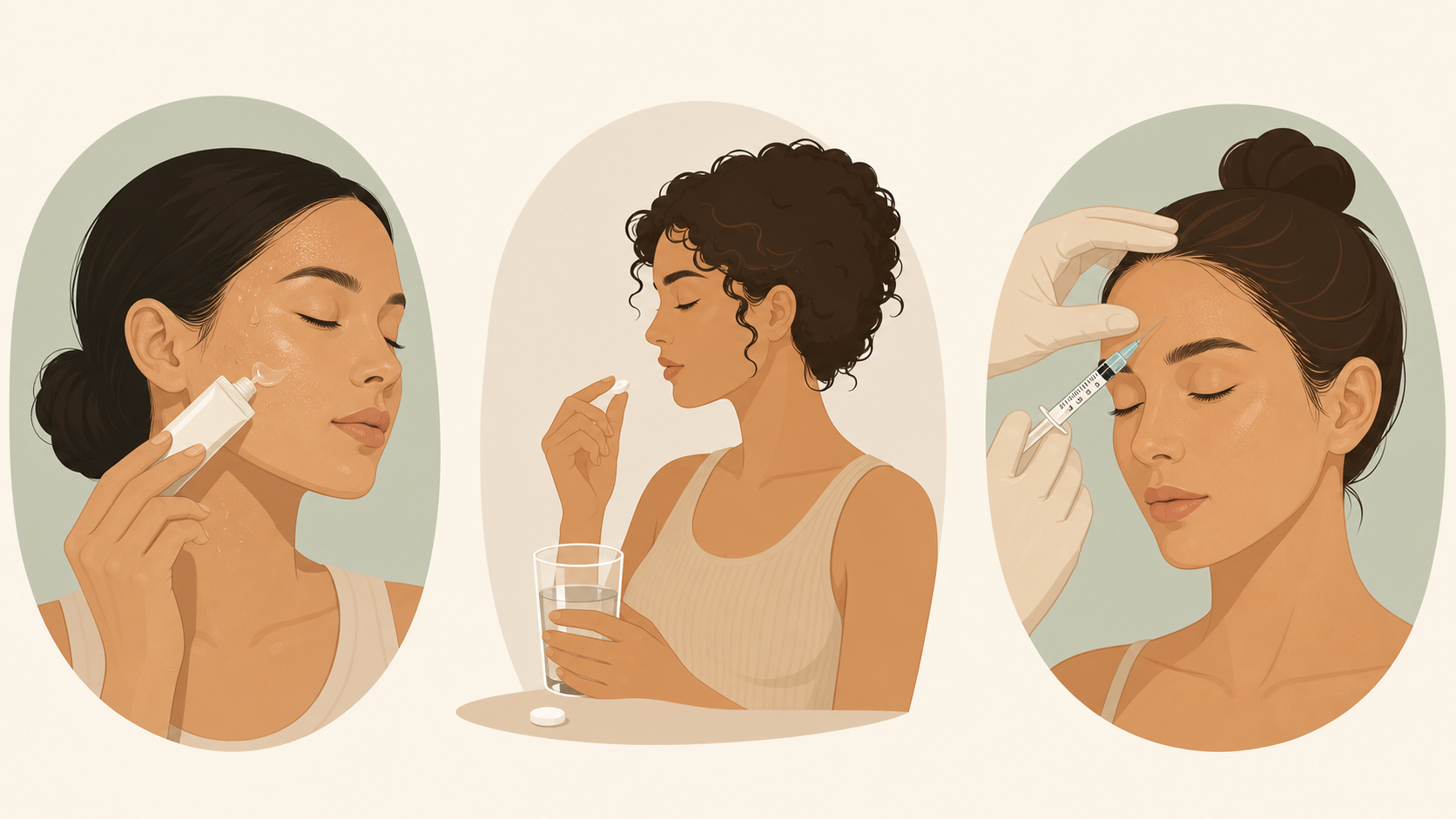 A warm, approachable flat-style medical-lifestyle illustration comparing three treatment approaches for head and face sweating, arranged side by side on a soft neutral background: a small tube of topical gel being applied to a cheek, a daily pill and glass of water, and a small syringe positioned near a forehead for injections. Clean, friendly editorial style, muted calming color palette, gentle shapes, no words or letters or numbers anywhere.
