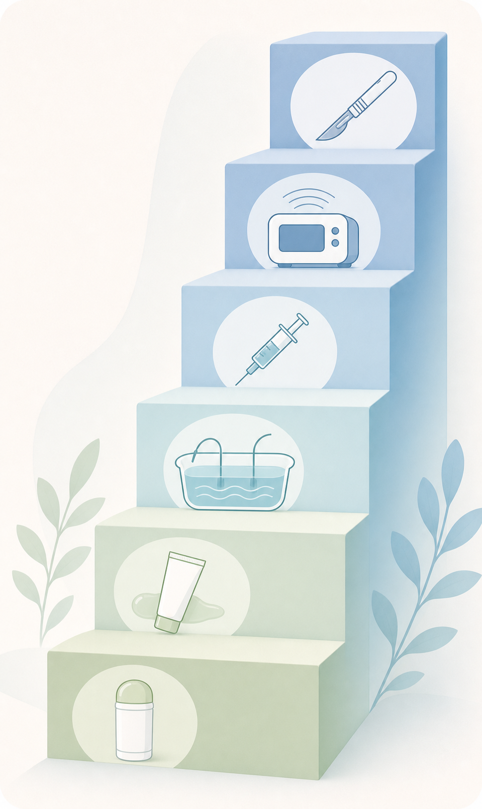 A clean, calm medical illustration depicting a tiered treatment ladder or staircase for excessive sweating options, ascending from mild to severe. Each step is represented by a simple abstract icon: a small antiperspirant stick at the bottom, a topical gel tube, a water bath with gentle ripples for iontophoresis, a small syringe for injections, a stylized microwave device, and a subtle surgical symbol at the top. Soft pastel blues and greens, minimalist flat design, reassuring and modern healthcare aesthetic, no text, no words, no letters.