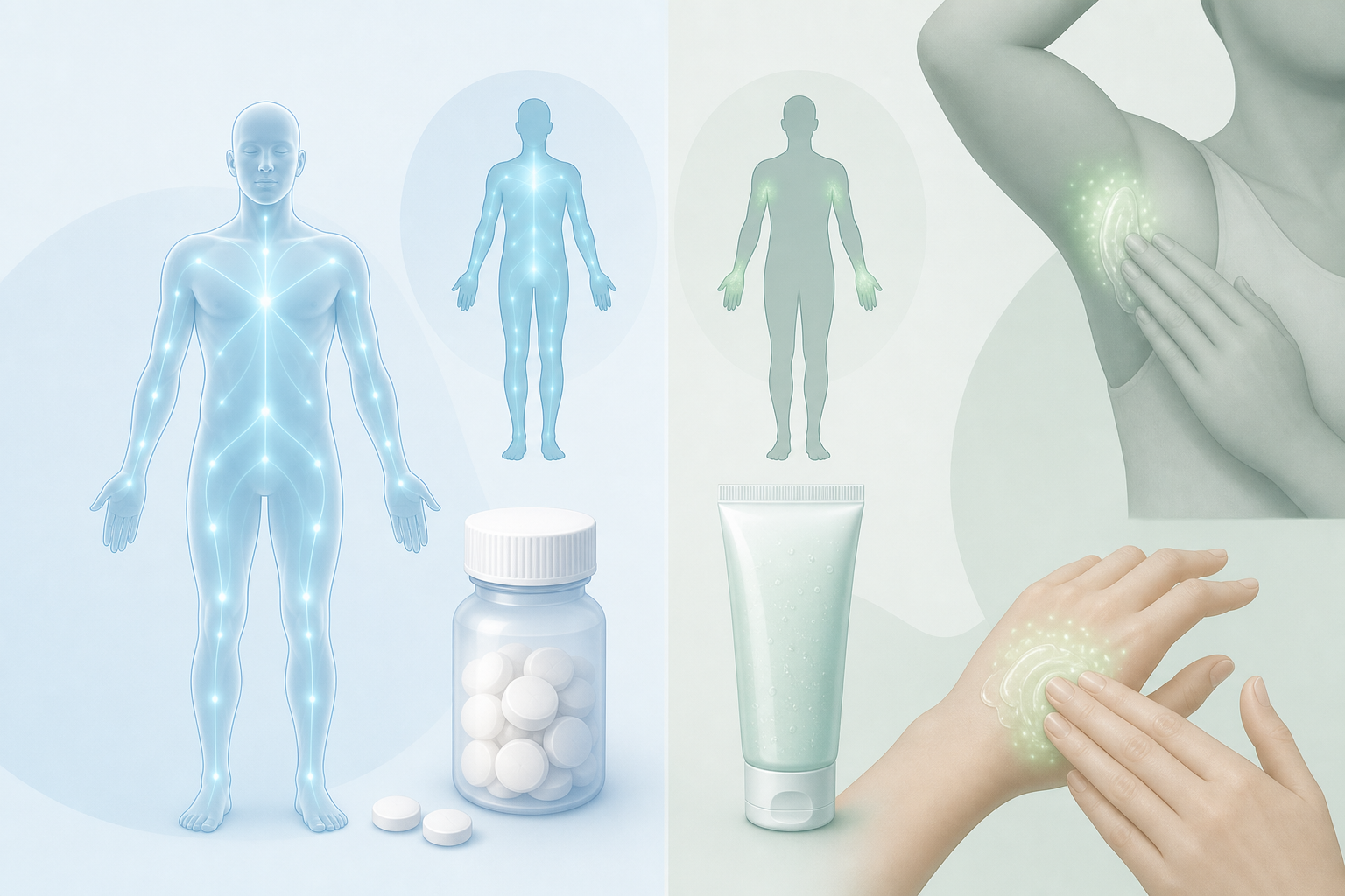 A clean, calm medical illustration comparing two oxybutynin formats for excessive sweating. On one side, a bottle of round pills representing oral tablets that work throughout the whole body, shown with soft glowing lines radiating across a stylized human silhouette. On the other side, a tube of clear topical gel being applied to hands and underarms, with the glowing effect concentrated only at those localized zones. Soft pastel blues and greens, minimalist flat design, reassuring and modern healthcare aesthetic, no text.