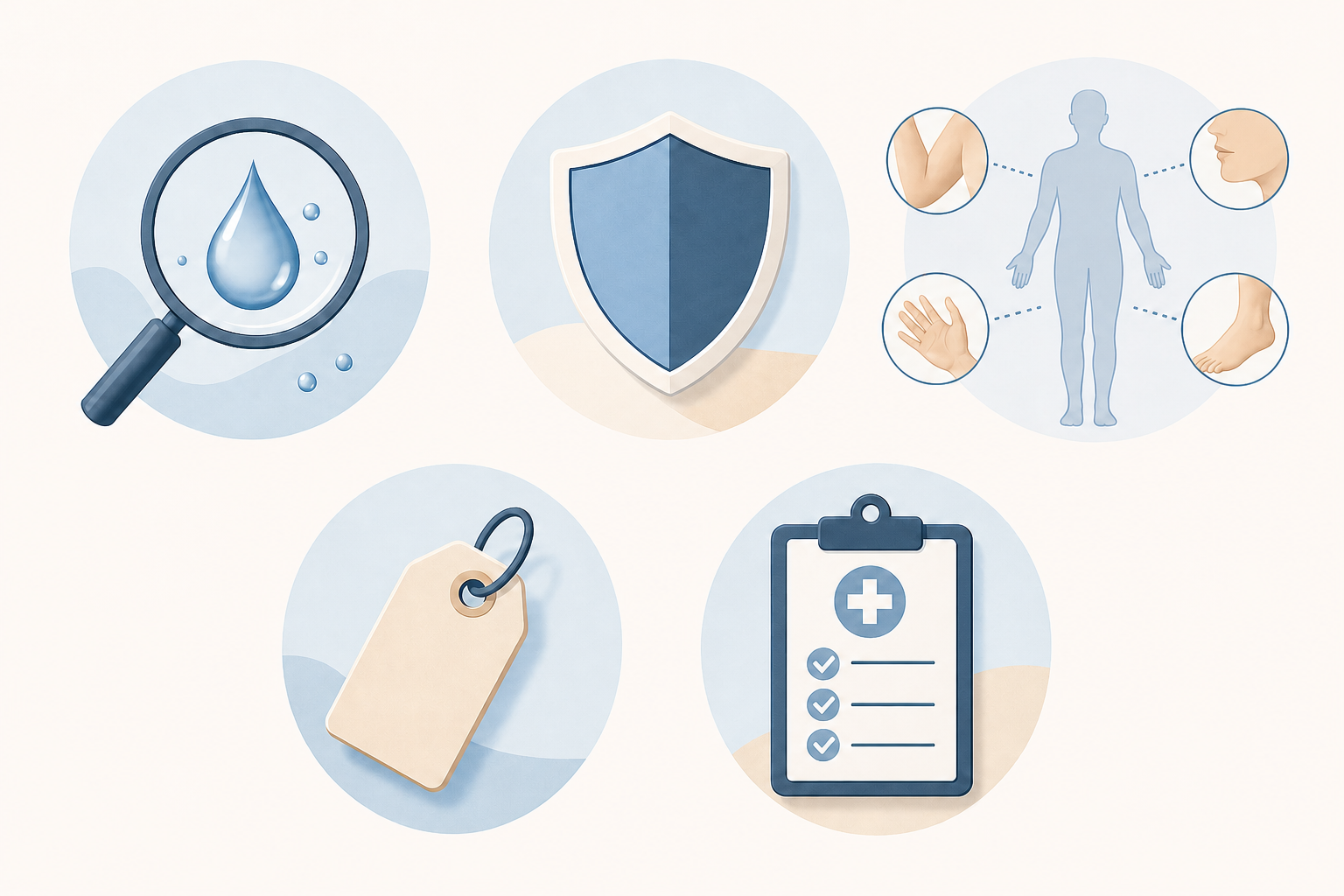 A clean, editorial-style flat illustration representing product evaluation and comparison for a men's health and wellness blog. Show an abstract set of comparison criteria as icons arranged in a balanced grid: a magnifying glass examining a droplet, a shield representing protection, a human body silhouette with highlighted zones (hands, feet, underarms, face), a small price tag, and a medical clipboard. Soft, calming color palette of blues and warm neutrals, minimalist and modern. No text, no words, no letters, no numbers, no labels.