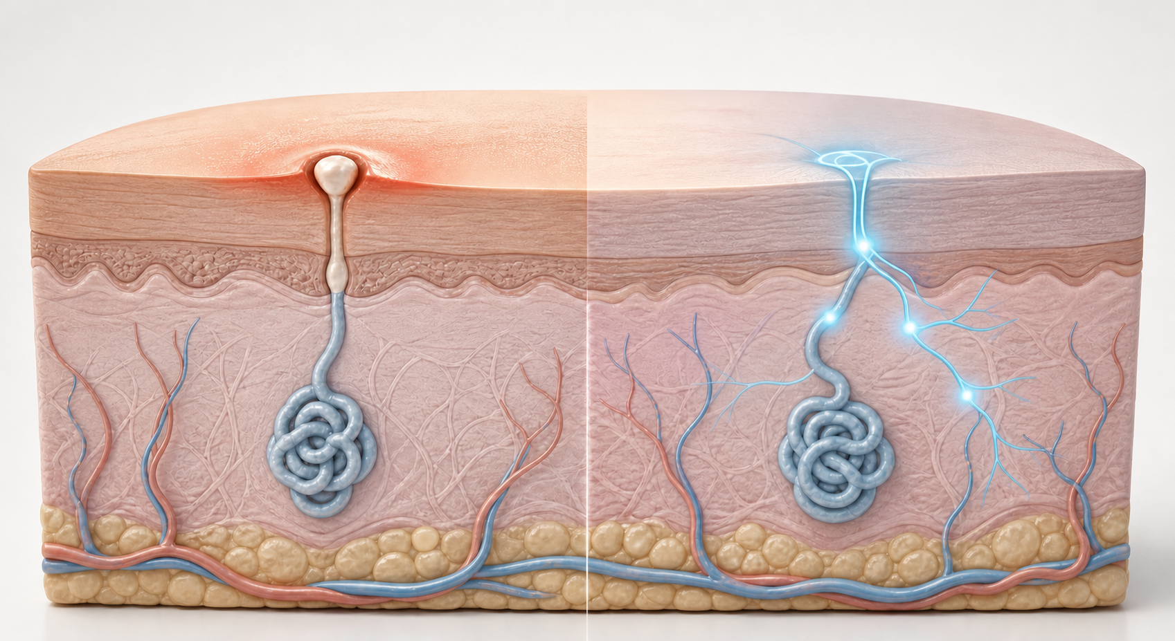 A clean, editorial-style medical illustration showing a cross-section of human skin with sweat glands and ducts beneath the surface. On one side, a surface-level barrier plugging the sweat ducts near the skin; on the other side, a nerve pathway signaling the glands deeper down. Soft, calming color palette of blues and warm neutrals, minimalist and modern, suitable for a men's health and wellness blog. No text, no words, no letters, no labels.