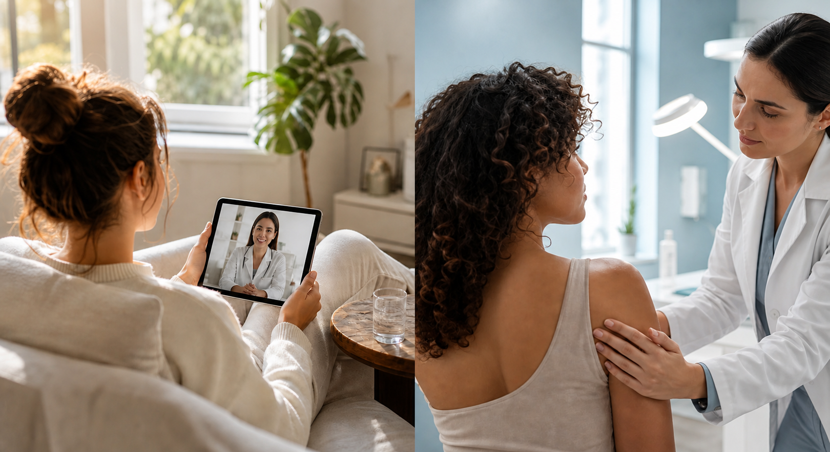 A realistic lifestyle split-scene photo contrasting two paths to dermatology care for excessive sweating. On the left, a person relaxed at home on a sofa using a tablet for a telehealth consultation, soft natural daylight through a window. On the right, a person in a bright, friendly dermatology clinic room being examined by a provider in a white coat. Balanced composition suggesting comparison. Calm, approachable palette of soft blues and warm neutrals. Photorealistic photography style, reassuring mood, no text or letters or words anywhere in the image.