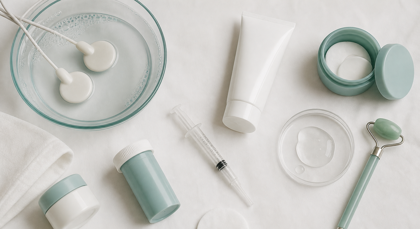 A clean, modern flat-lay arrangement of various skincare and treatment items on a soft white surface — including a small clinical cream tube, a glass water bowl with electrodes (representing iontophoresis), a syringe without needle, and a prescription bottle — arranged in a gentle arc, soft natural lighting, muted teal and white color palette, minimalist medical aesthetic, no text or labels anywhere
