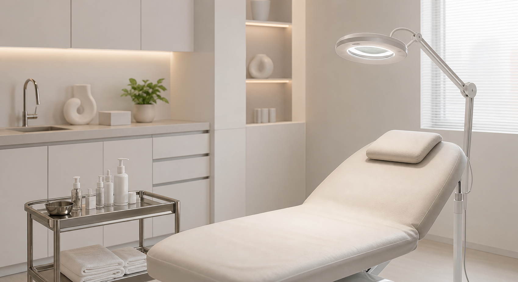 A clean, modern medical clinic setting showing a dermatologist's treatment room with a professional examination table, soft lighting, and medical equipment on a tray, conveying a calm and reassuring in-office procedure environment, no people, photorealistic style