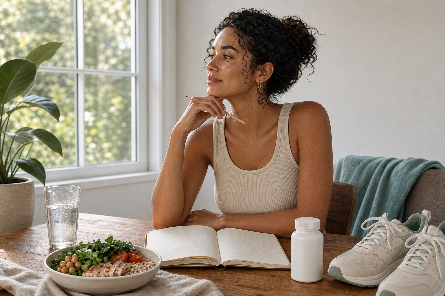 Create a warm, approachable editorial illustration for a consumer health blog section titled Factors That Affect Noticeable Sweat Control. Show an adult seated calmly at a home table holding a pencil over an open blank journal, reflecting on their daily sweating routine. Arrange simple visual cues naturally around the scene: a meal plate, a plain closed unbranded medication bottle, walking shoes near the table, and sunlight through a window suggesting warm weather. The composition should convey recording daily context to discuss with a prescriber, not changing doses or guaranteeing sweat relief. Modern soft vector illustration with gentle texture, cream background, muted teal and warm peach palette, inclusive natural human proportions, uncluttered wide landscape composition. All journal pages and objects are blank and unmarked. No text, words, letters, numbers, labels, logos, typography, charts, or watermarks anywhere.