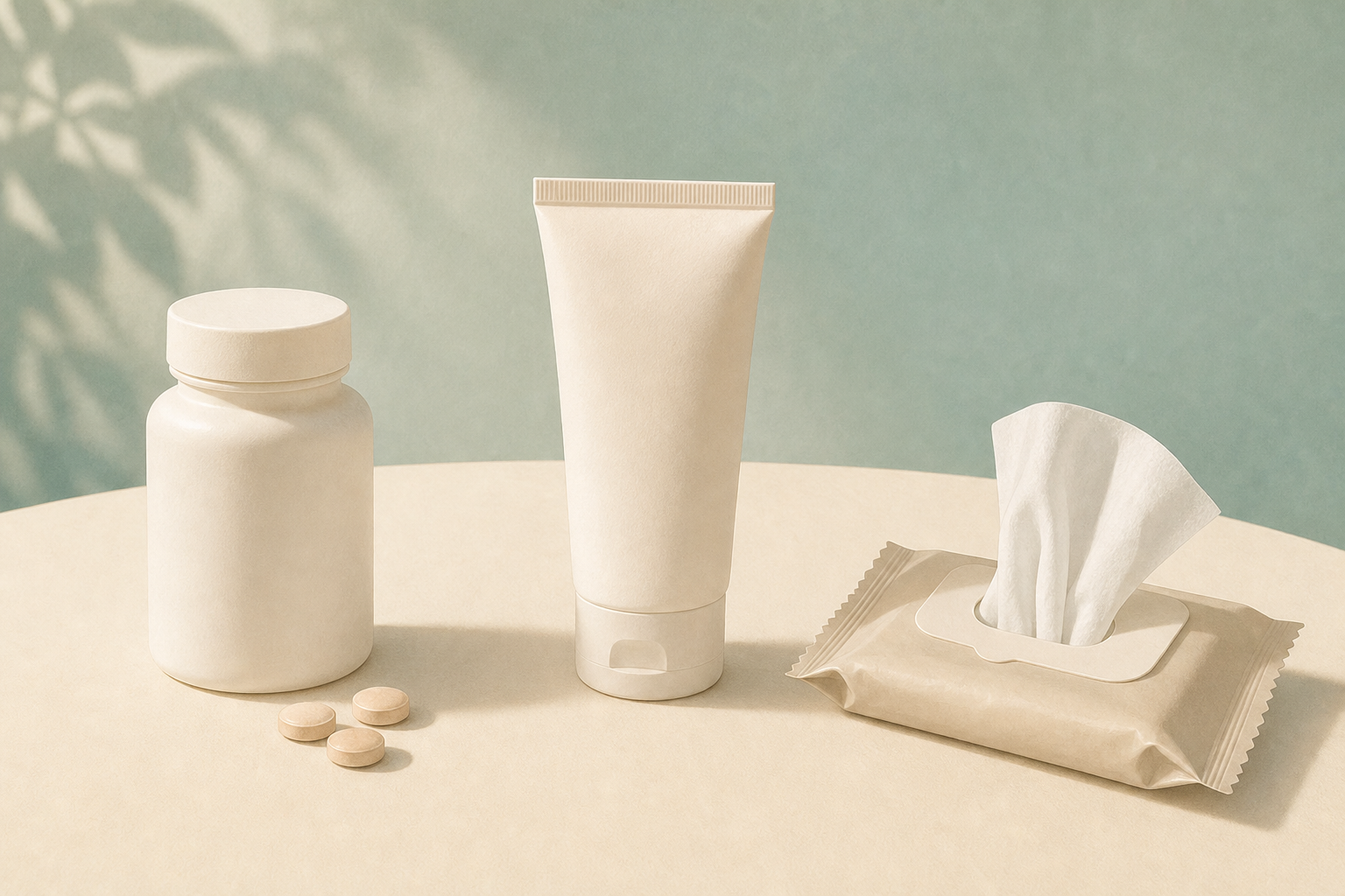 Create a warm, approachable editorial illustration for a consumer health article section comparing oral glycopyrrolate with topical creams and wipes for excessive sweating. Show a balanced still-life arrangement of three distinct treatment forms on a softly curved cream-colored tabletop: a plain unbranded closed pill bottle with a few simple tablets beside it, a plain unbranded topical cream tube, and an open plain wipe sachet with a folded white wipe emerging. Keep each treatment form visually separated with generous spacing, equal visual weight, and no arrows or symbols suggesting interchangeability, superiority, guaranteed effectiveness, or a dosing schedule. Soft vector illustration with gentle paper texture, muted teal and warm peach palette, subtle shadows, uncluttered wide landscape composition. All packaging completely blank. No text, words, letters, numbers, labels, logos, typography, or watermarks anywhere.