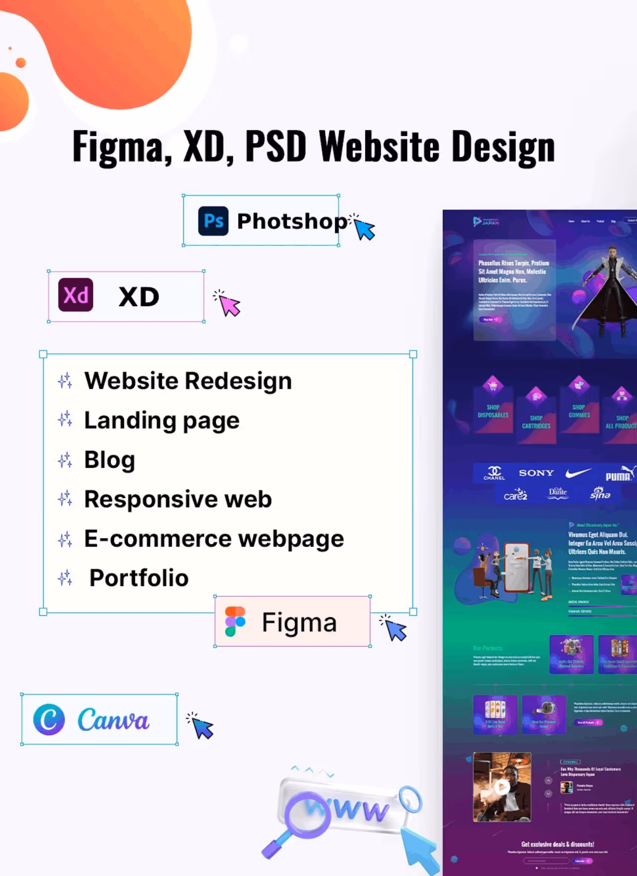 Diseño de sitios web con herramientas Figma, Adobe XD, Photoshop y Canva, mostrando tipos de proyectos como rediseño, landing page, blog, web responsiva, comercio electrónico y portafolio.