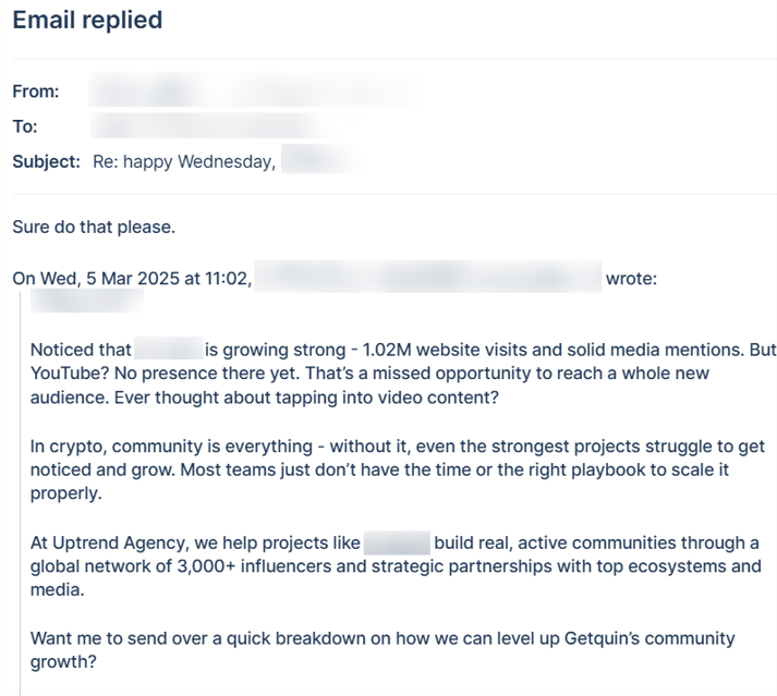 Screenshot of a detailed email reply discussing crypto community growth, video content opportunities, and influencer partnerships, with an offer to send over a strategy breakdown.