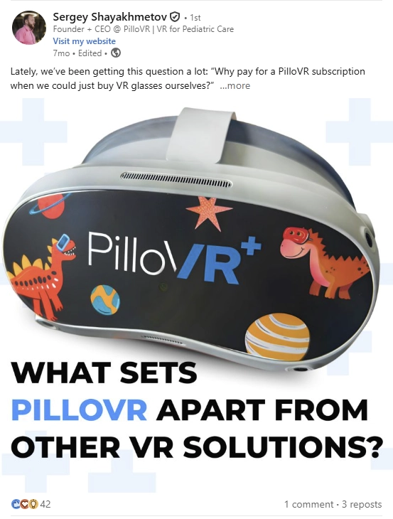 LinkedIn post by Sergey Shayakhmetov addressing the difference between a PilloVR subscription and regular VR glasses, featuring a close-up of a PilloVR headset with colorful dinosaur decorations.