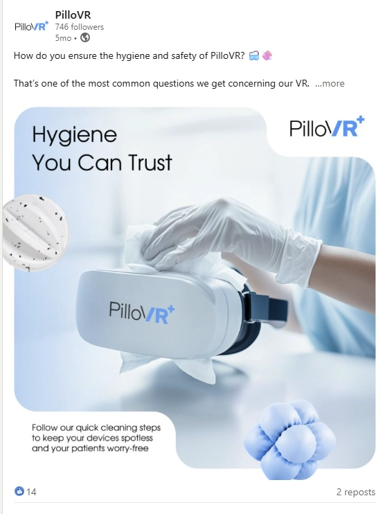 LinkedIn post by PilloVR highlighting the hygiene and safety of PilloVR devices, showing a gloved hand cleaning the VR headset with the caption “Hygiene You Can Trust.”
