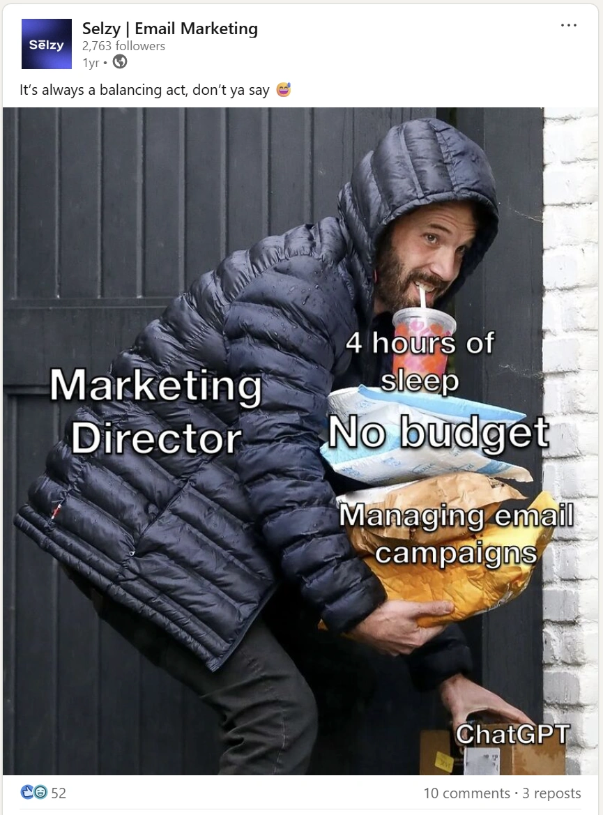 Meme by Selzy showing a marketing director juggling tasks with ChatGPT
