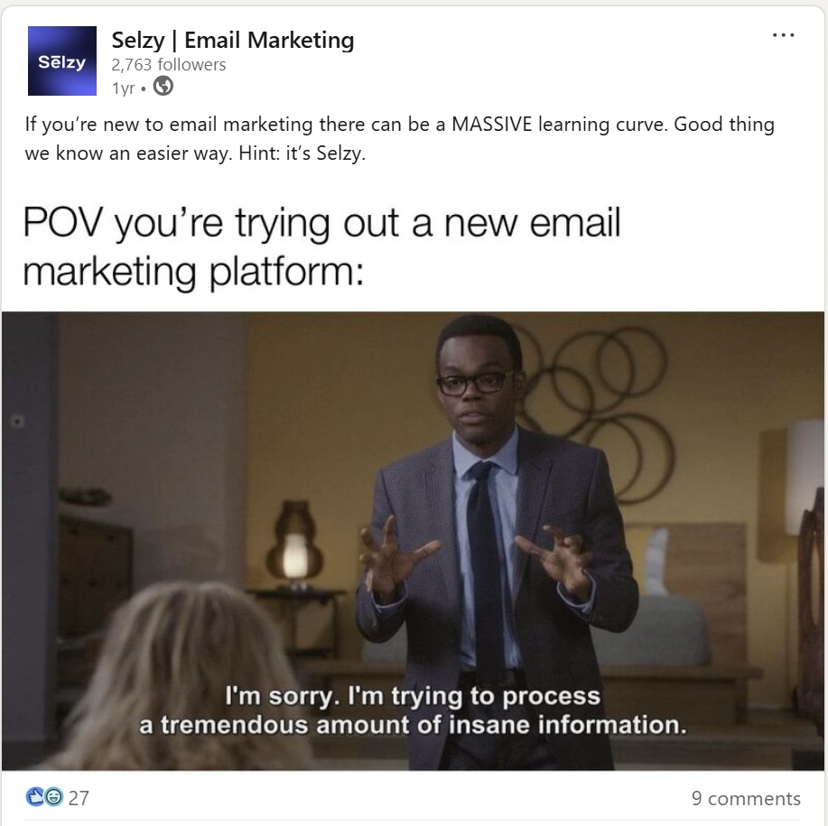 Meme about the challenges of trying a new email marketing platform, Selzy with humor