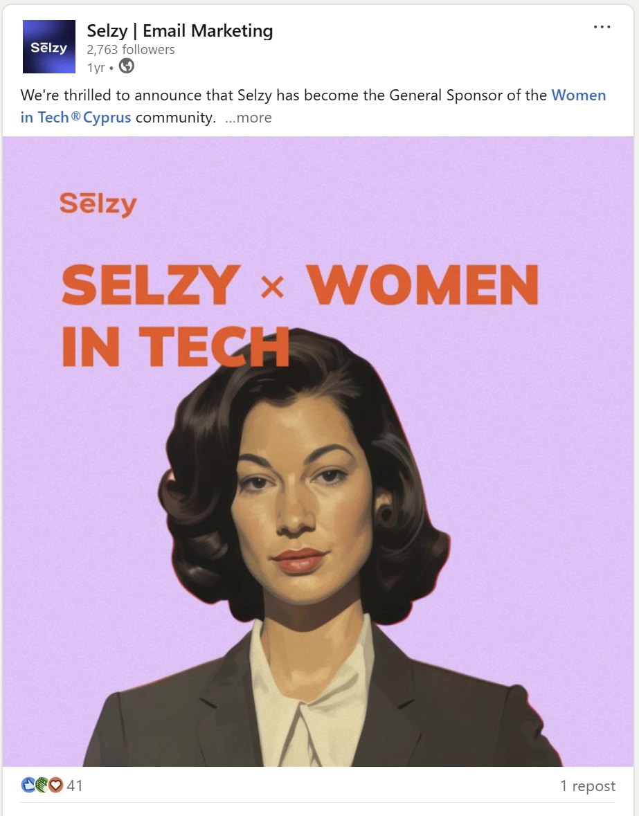 Selzy announcement: general sponsorship of Women in Tech Cyprus with illustrated portrait