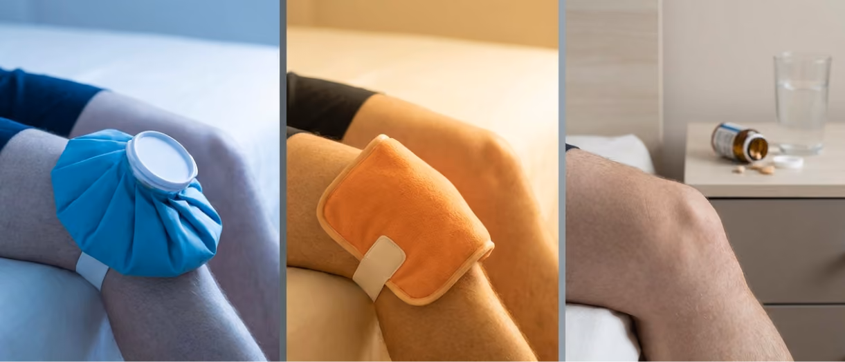Three close-ups of a knee: one with an ice pack, one with a heating pad, one beside a nightstand with a bottle of pills