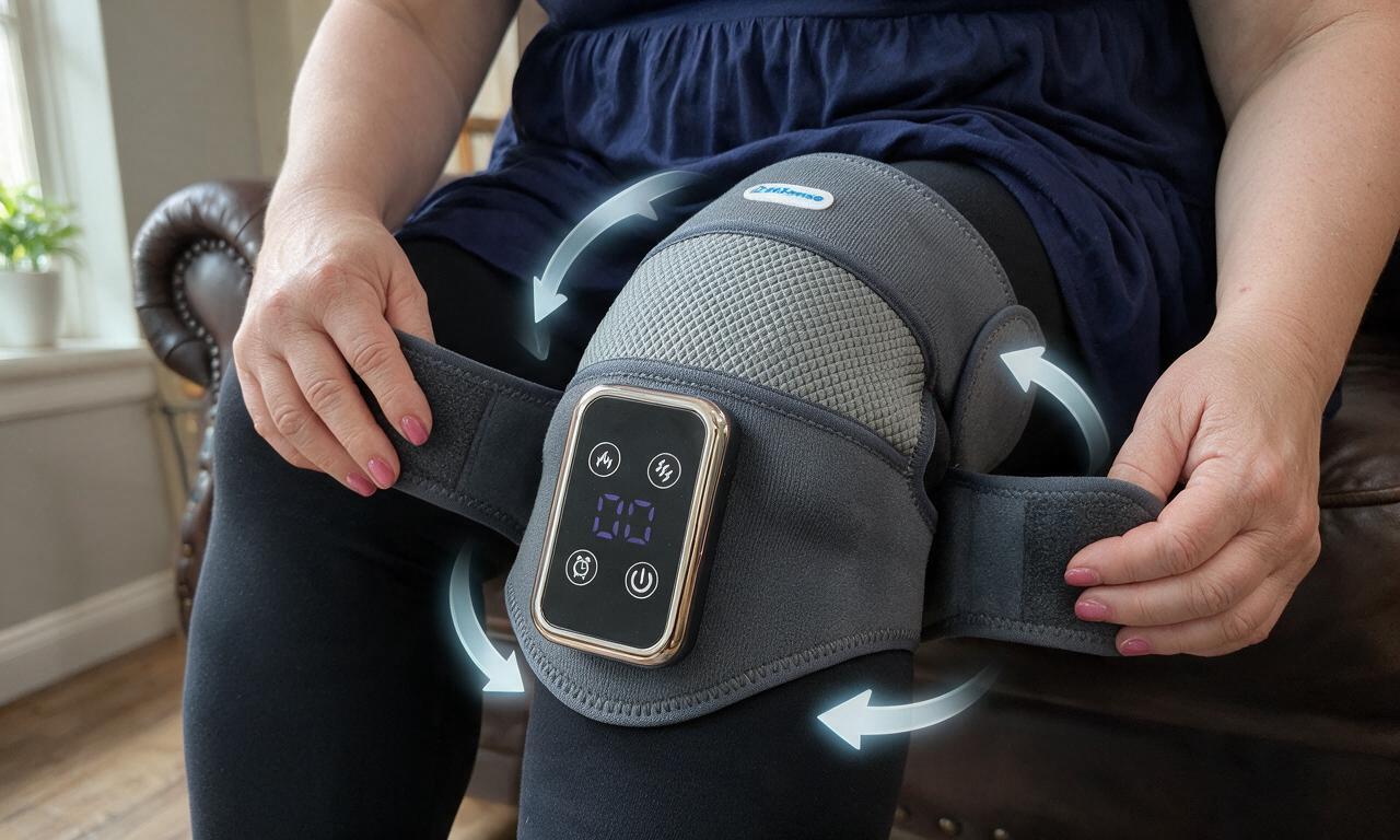 A seated person resting both hands on the grey knee wrap fastened around the knee