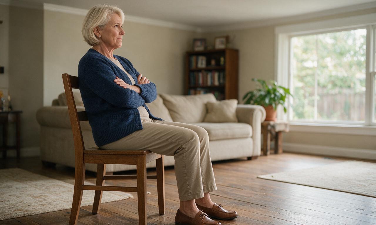 An older woman sitting on a wooden chair in a living room with her arms crossed over her chest