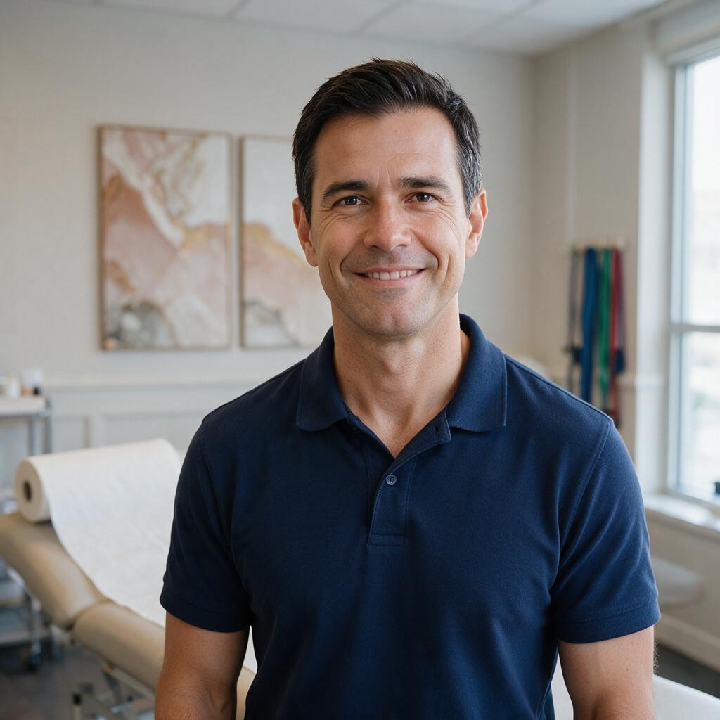 A man in a navy polo shirt standing in a rehabilitation clinic