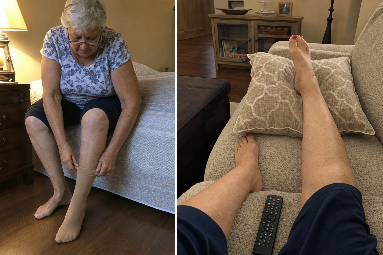 An older woman pulling on a compression sock at the edge of the bed, and legs resting on a sofa cushion with one foot propped up.