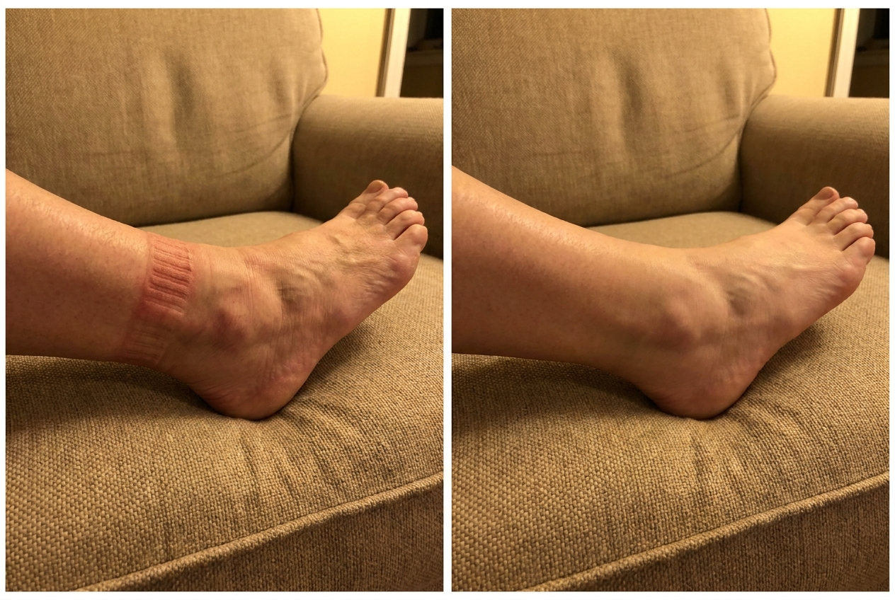The same ankle with ribbed sock marks before an evening session and with smooth skin after.