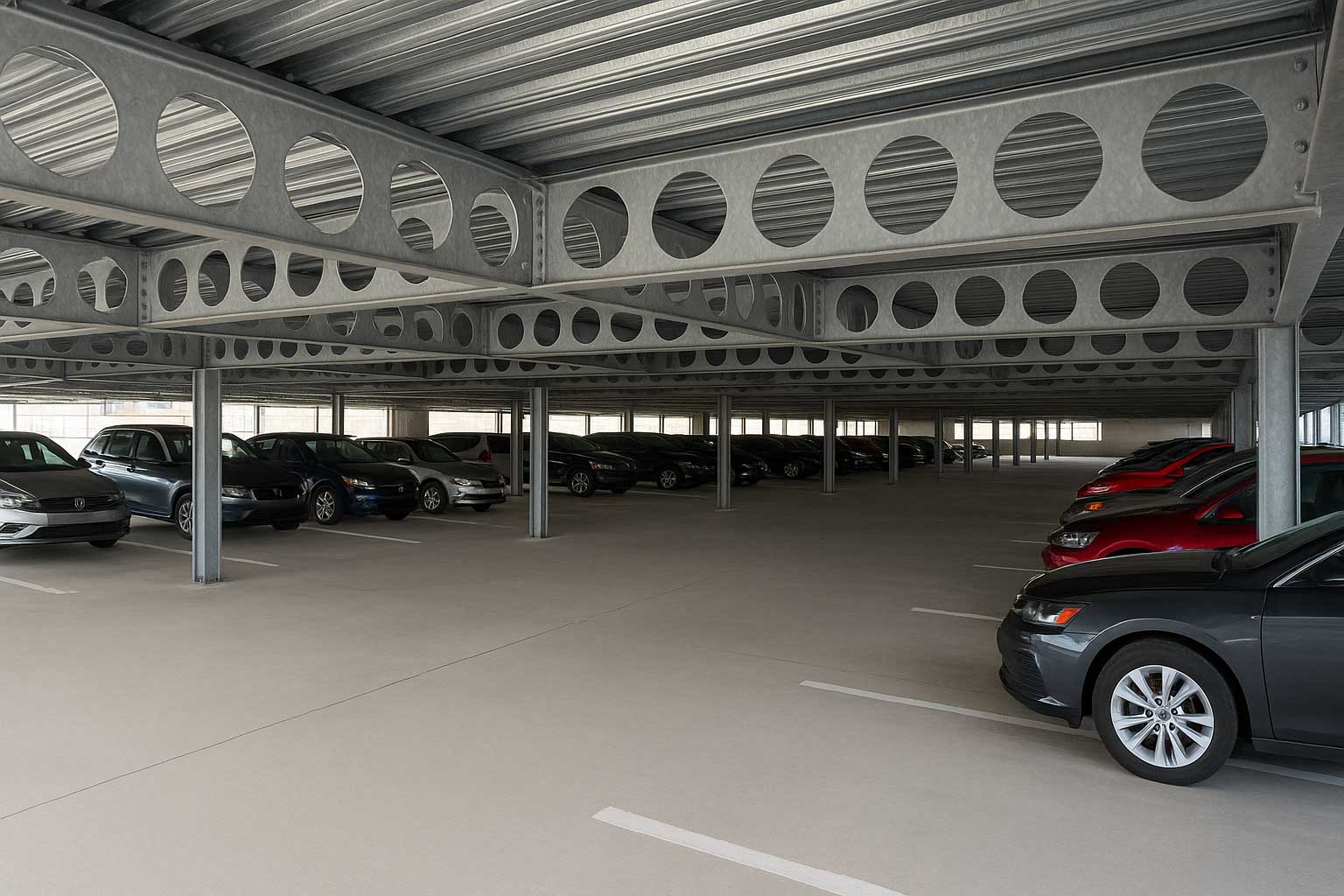 Photo representing Cellular Beams in Hot-Dip Galvanized Steel Parking Structures, highlighting themes such as learn how cellular beams enhance galvanized steel parking structures. v&s galvanizing shares design and galvanizing insights.