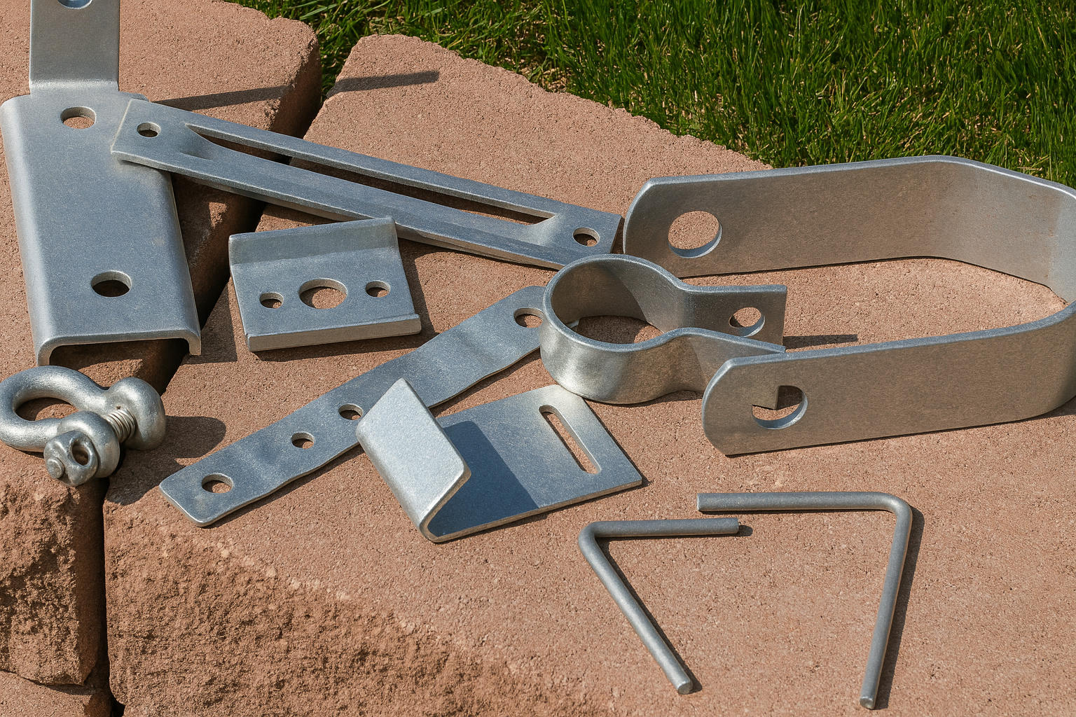 Assortment of small galvanized steel components displayed outdoors on stone blocks, highlighting clean coatings and compliant metal finishes.
