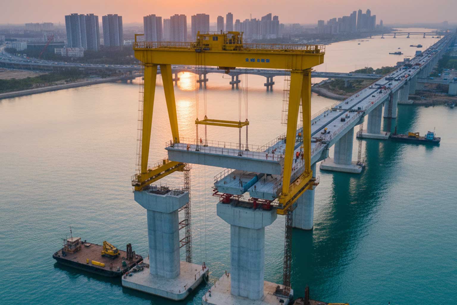 Aerial view of a large bridge construction project using massive steel sections and a towering yellow gantry crane, illustrating challenges of galvanizing oversized structural components.