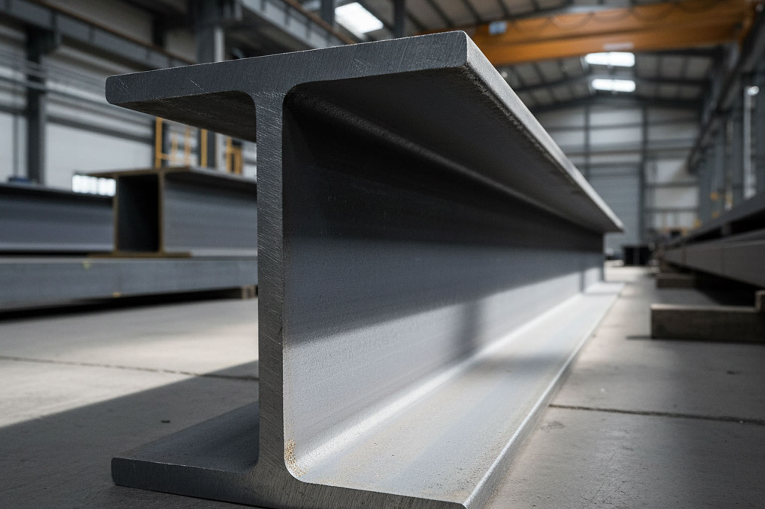 Large steel I-beam positioned inside an industrial fabrication facility, highlighting smooth, unfinished metal surfaces.