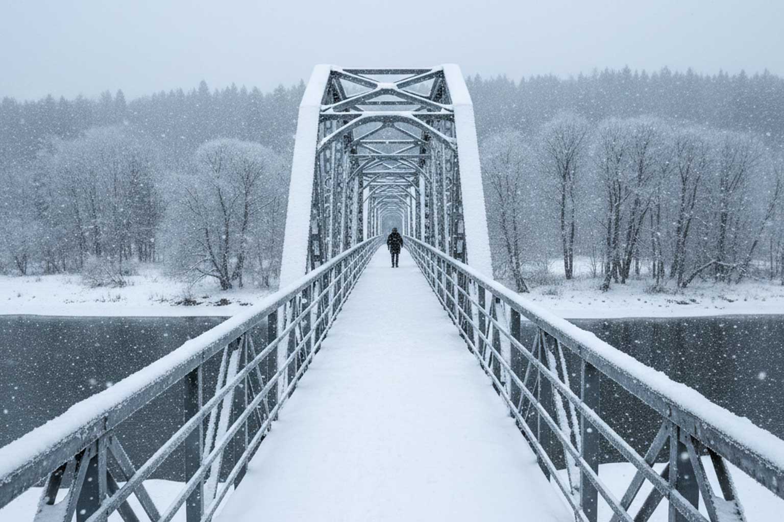 Snow-covered pedestrian steel bridge with a single person walking across, surrounded by winter trees and falling snow.
