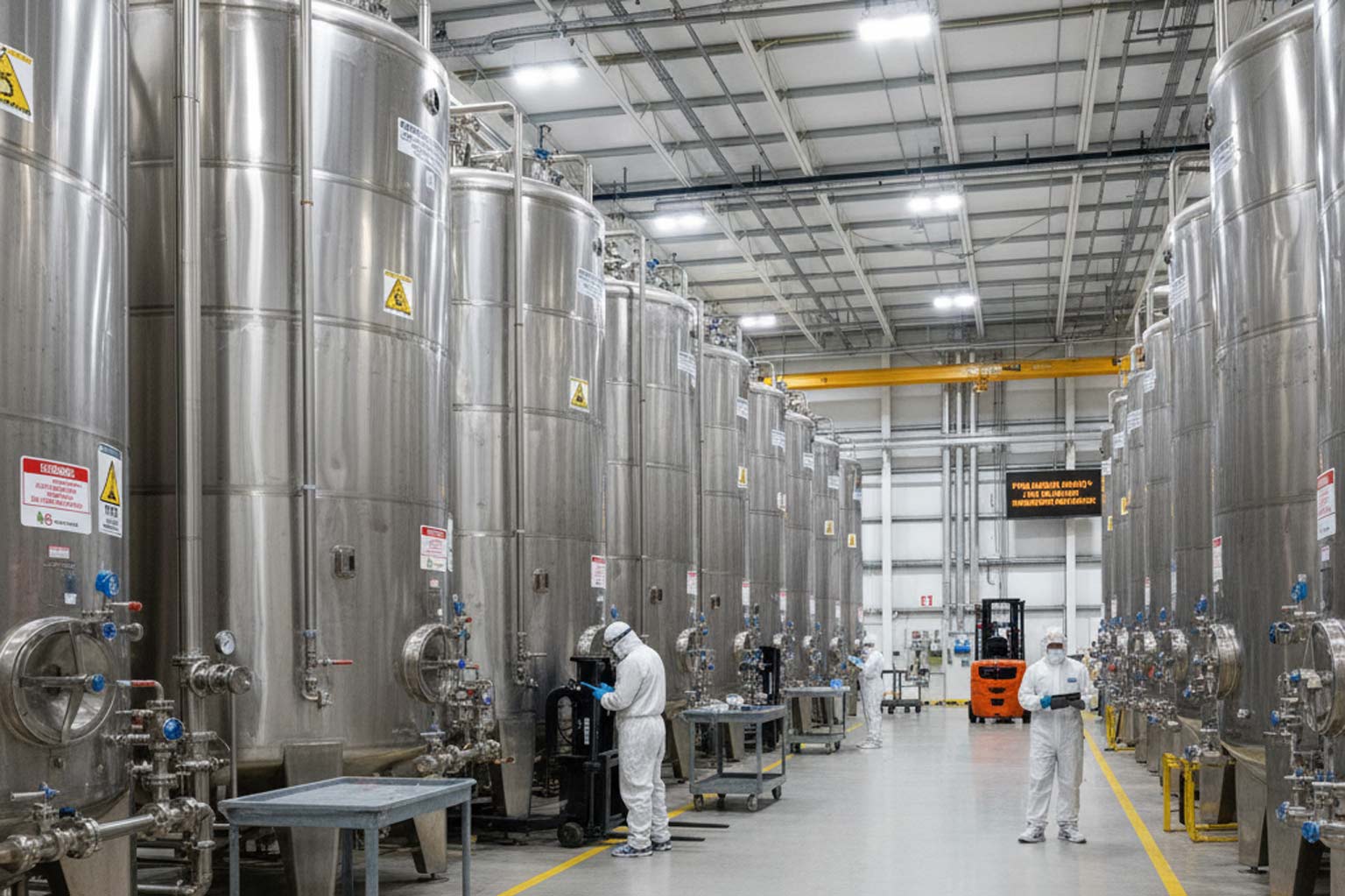 Rows of large stainless steel industrial tanks inside a manufacturing facility, with workers in protective suits inspecting equipment.