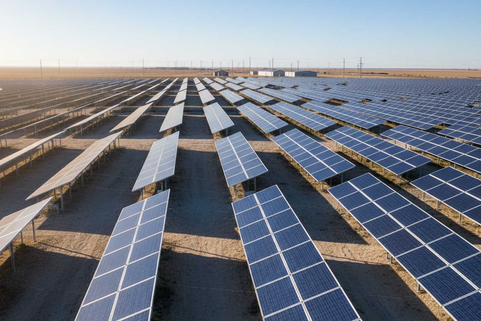 Aerial view of a large solar farm with organized rows of solar panels in a dry, open landscape.