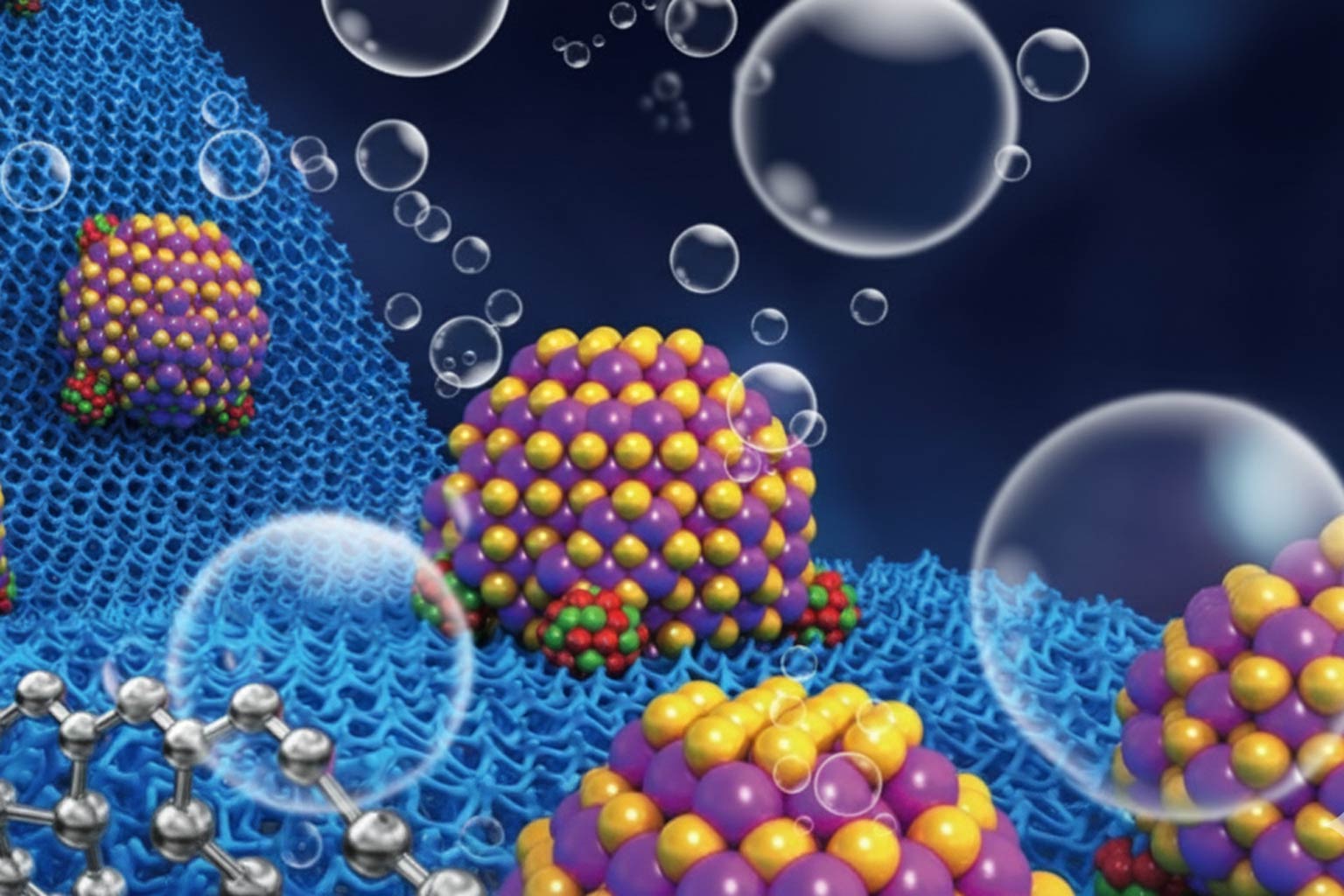 Scientific illustration showing colorful nanoparticles on a blue structured surface with floating bubbles, representing chemical reactions