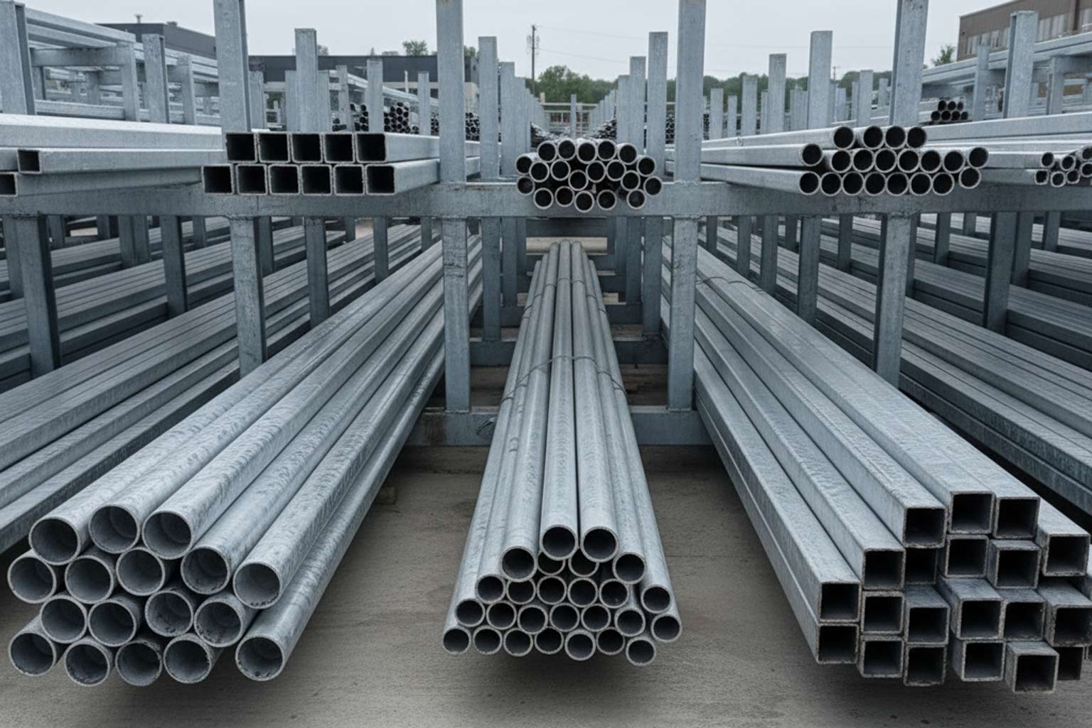 Stacked galvanized steel tubing and pipes stored on industrial metal racks, organized by shape and size.