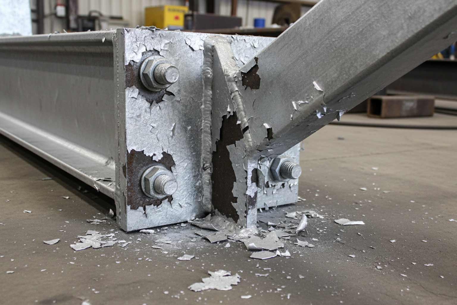 Steel beam connection with significant galvanized coating flaking around bolts and welds, with peeled zinc coating scattered on the floor.
